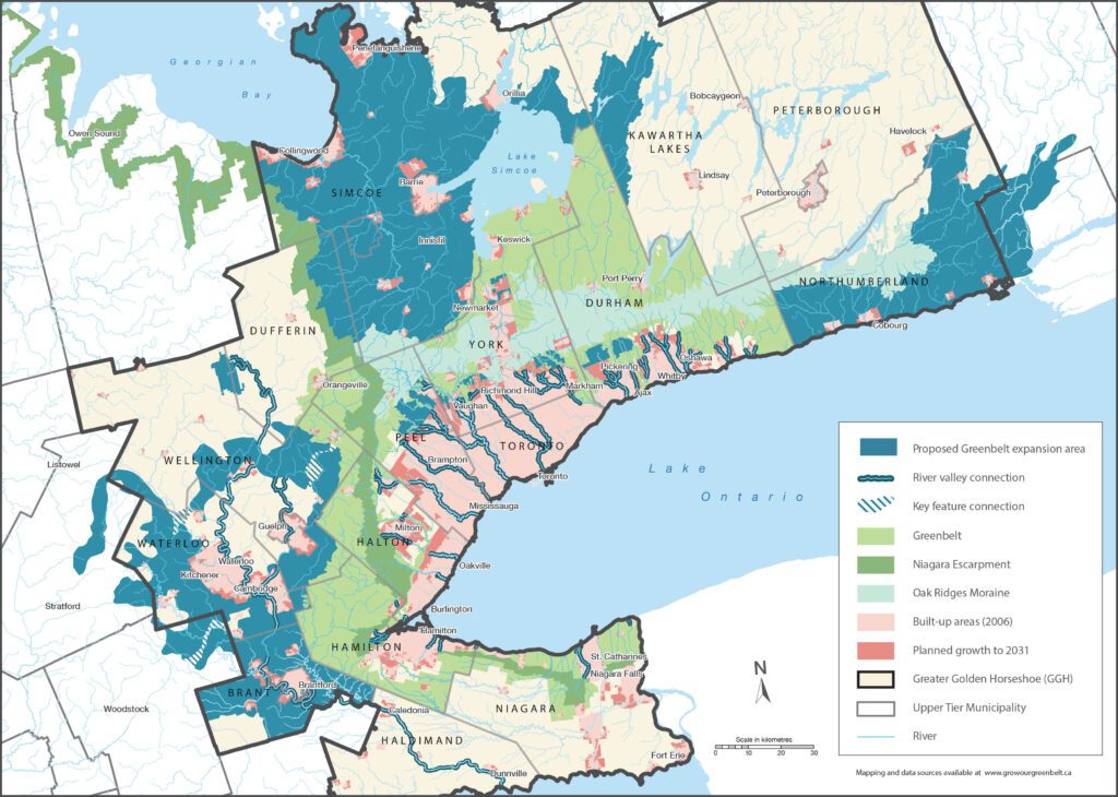 Map of the proposed expansion of Ontario's Greenbelt, together with the Bluebelt areas.