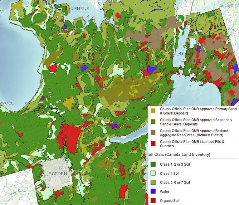 County of Simcoe Aggregate Resources Layered Against Soil Classes