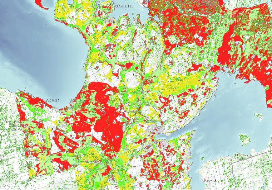 Layering of wetlands over key water systems Highly Vulnerable Aquifers (red) and Significant Groundwater Recharge Areas (yellow/bright green)