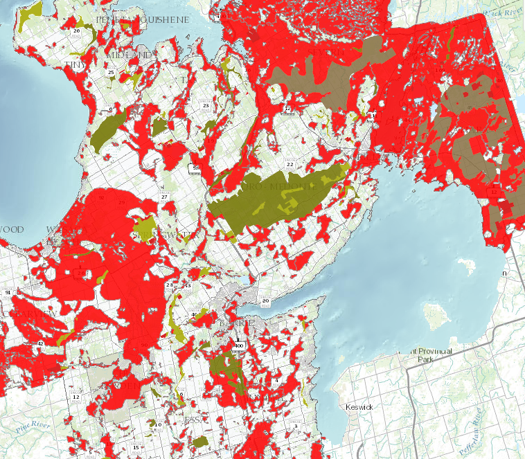 Map showing aggregate resources in Simcoe County, overlaid with Highly Vulnerable Aquifers.