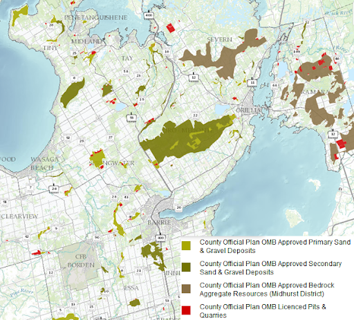 Map showing aggregate resources in Simcoe County, Ontario