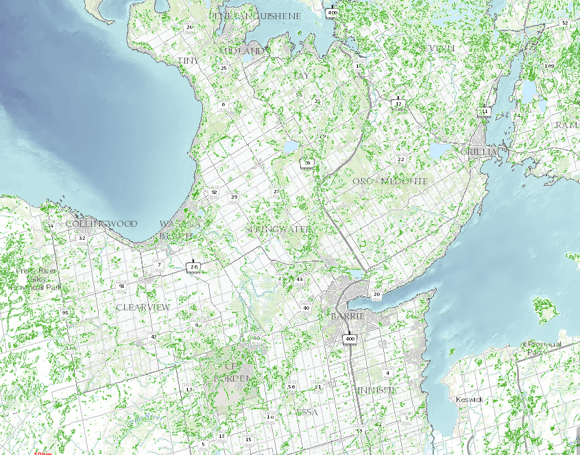 Unevaluated Wetland Systems in Simcoe County (green)