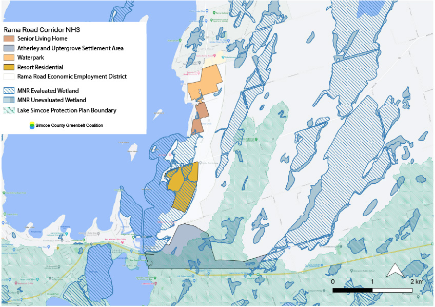 A map showing where development is proposed, and showing how it will impact wetlands. Map by SCGC using layers from Simcoe County, the MNRF, and features drawn from the proposal.