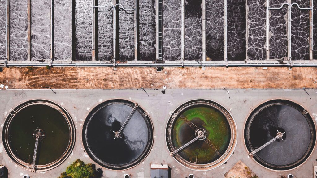 Bird's eye view of a wastewater treatment facility. Credit Van Bandura.
