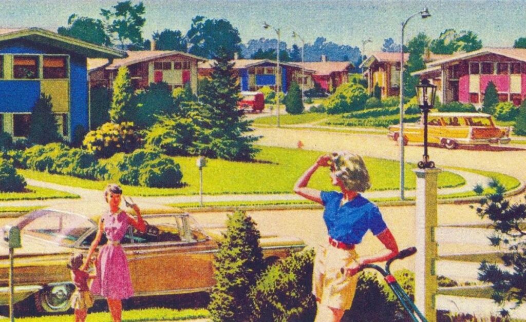 Ad from the 50s showing suburbia, with two women, streets, lawns, and cars.