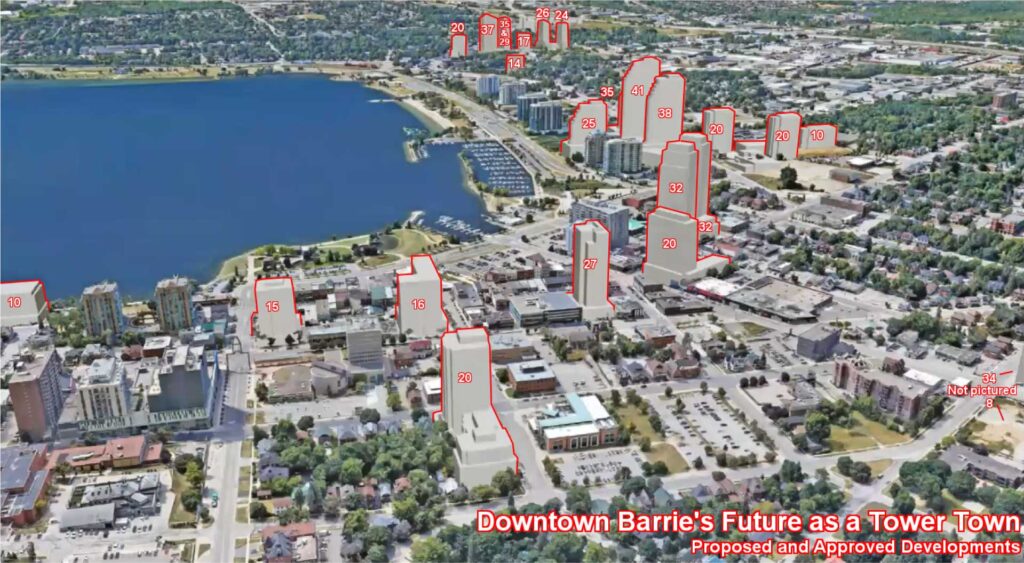 Proposed high-rise developments in Barrie, Ontario. Credit u/throwawaybarrie.