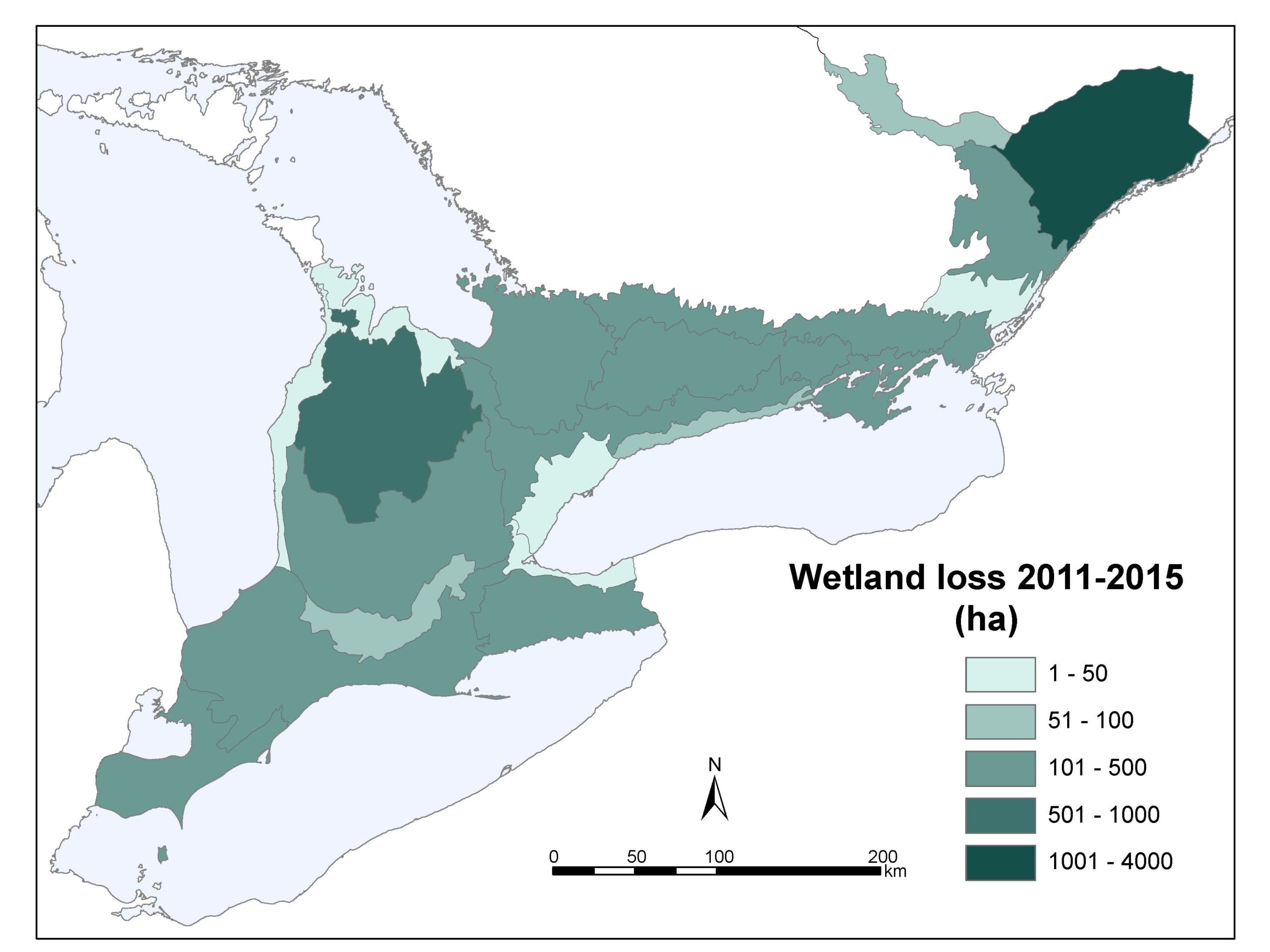 In Southern Ontario an estimated 72% of wetlands that were originally present have been lost. Loss in particularly acute in southwestern Ontario, where about 85% of wetlands have been converted to other uses. Source: Ontario Biodiversity Council