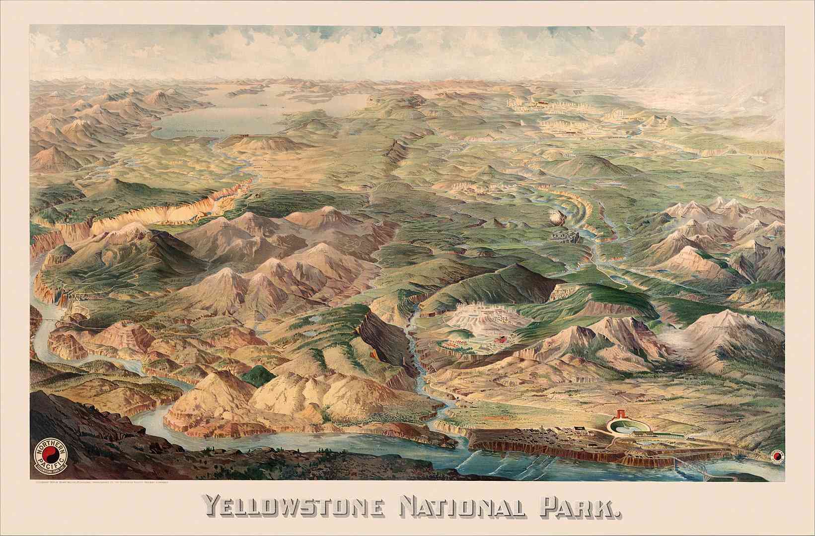 A detailed pictorial map of Yellowstone National Park, by Henry Wellge.