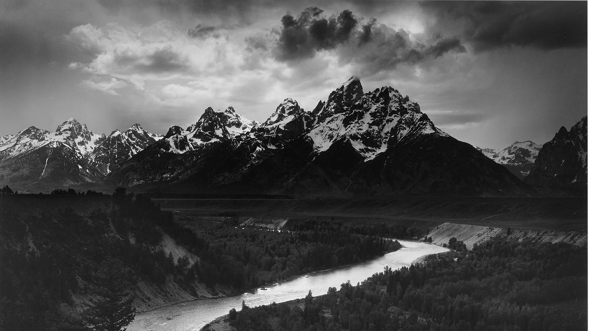Photo by Ansel Adams, titled The Teton Range and the Snake River.
