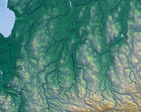Close-up showing elevation, hydrology, and flow patterns.