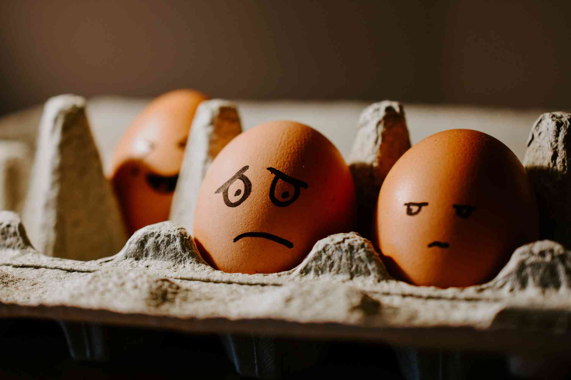 Photo of eggs in a carton. A sad face is drawn on one and next to it a suspicious face looking sideways at the sad face is drawn on another. Photo by Nik on Unsplash