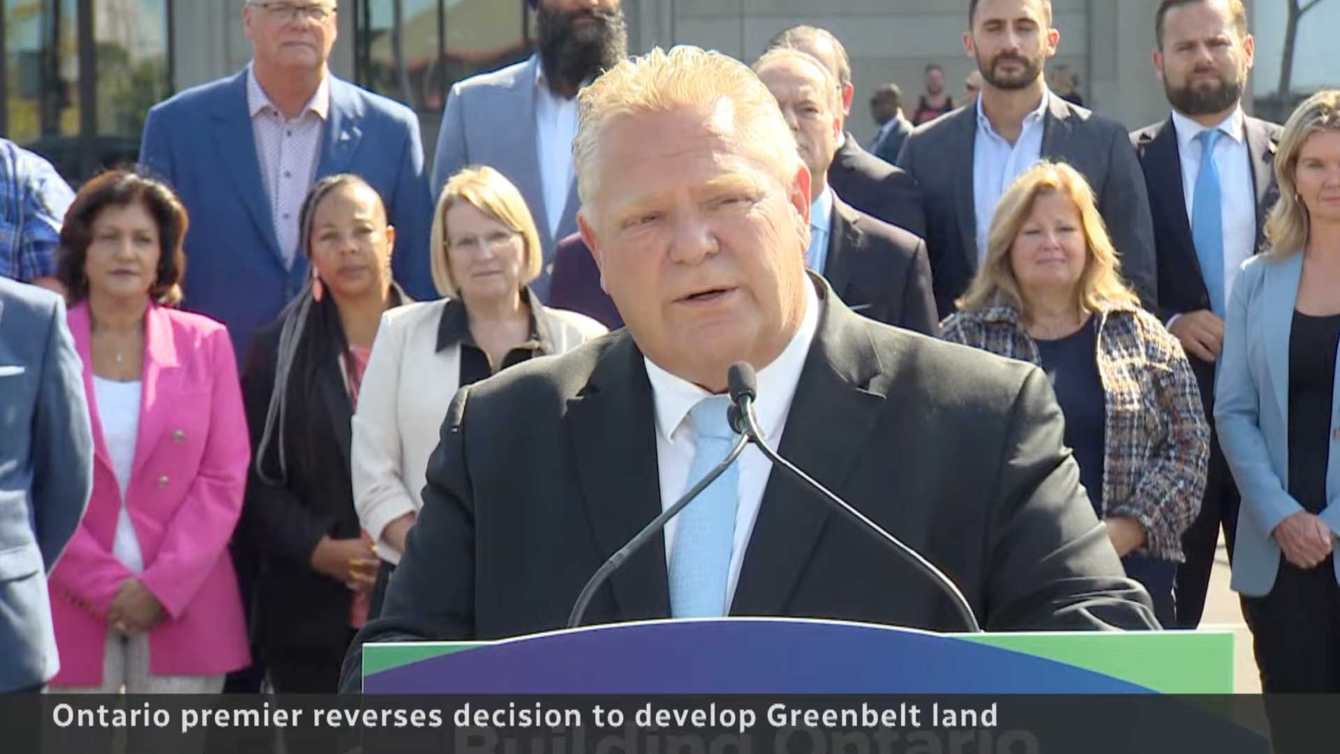 Screenshot of CBC's coverage of Ontario Premier Doug Ford announcing the reversal to Greenbelt land take-outs. Credit CBC.