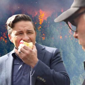 This illustration image of Poilievre combines a frame from a now notorious engagement where he belittled a journalist while eating an apple, with a photo of a forest fire added as a backdrop, in place of the orchard.