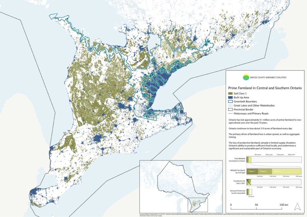 A map showing prime farmland in central and southern Ontario, with built-up area and graphs illustrating how much farmland has been lost over the past few decades. Credit Adam Ballah.