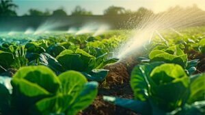 Close-up photo of a sprinkler system, with water spraying upward, into sunlight, surrounded by green leaves of seedlings emerging from rich soil.
